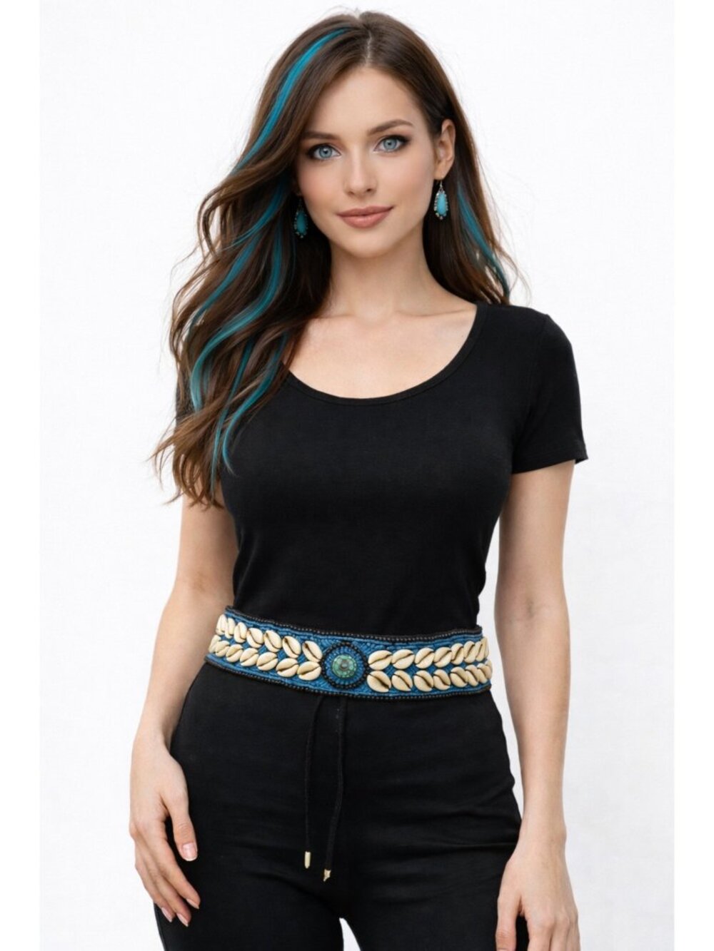 Vintage Cowrie Shell Beaded Belt Necklace Tribal Boho Turquoise Accent Adjustab